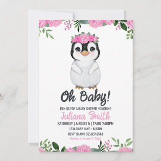 Pinguin Baby Dusche Blütenrosa Schwarz Einladung