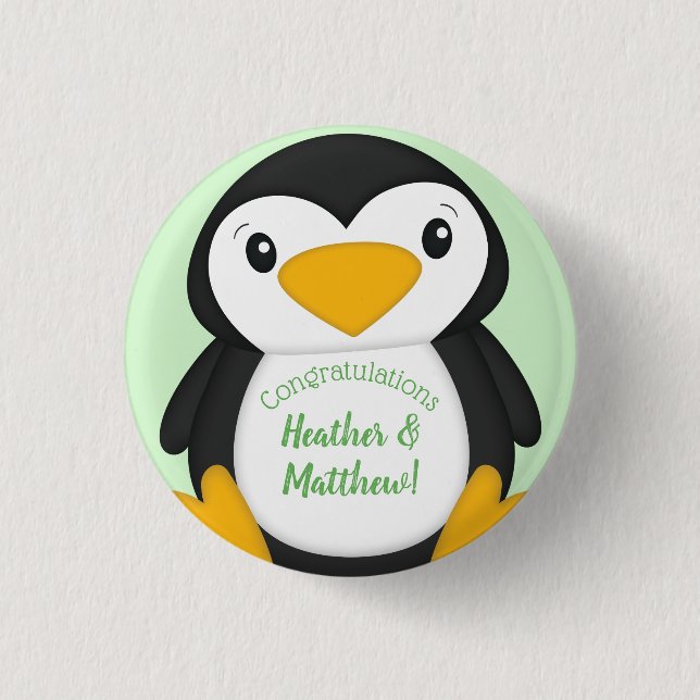Pinguin Baby Dusche grün Button (Vorderseite)