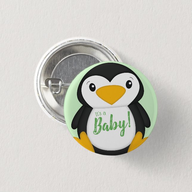 Pinguin Baby Dusche grün Button (Vorne & Hinten)