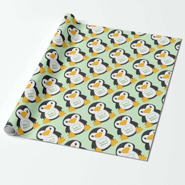 Pinguin Baby Dusche grün Geschenkpapier (Ungerollt)