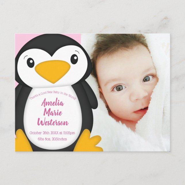 Pinguin Baby Dusche Pink Girl Postkarte (Vorderseite)