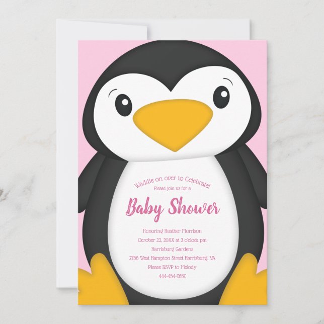 Pinguin Baby Dusche Rosa Einladung (Vorderseite)