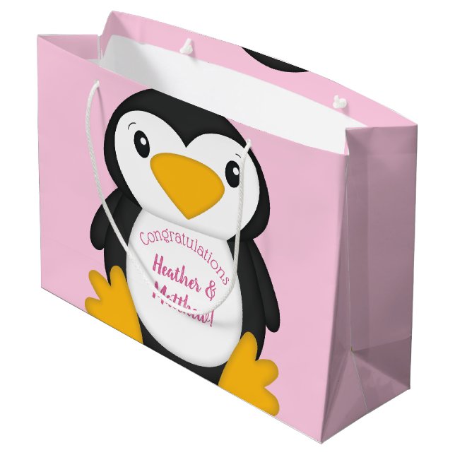 Pinguin Baby Dusche Rosa Große Geschenktüte (Rückseite Schrägansicht)