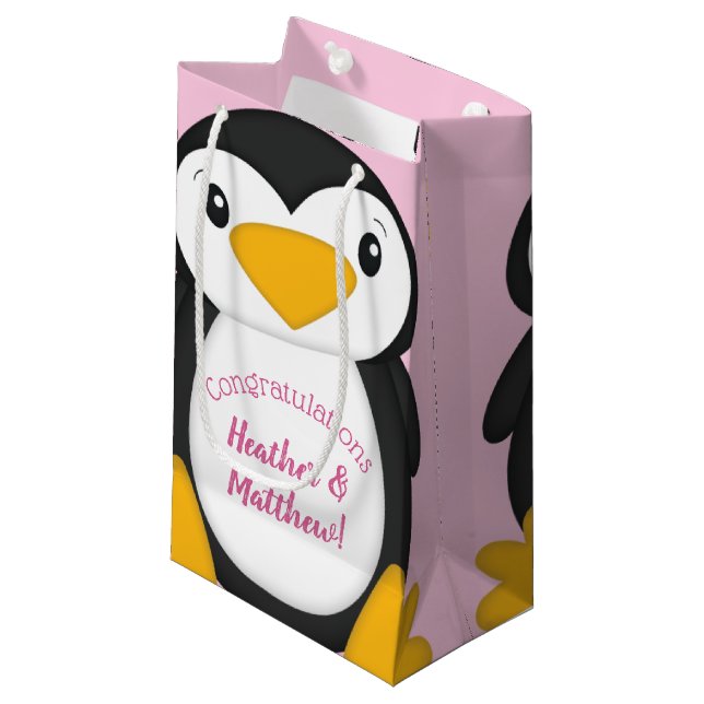Pinguin Baby Dusche Rosa Kleine Geschenktüte (Vorderseite Schrägansicht)