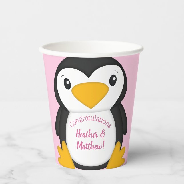 Pinguin Baby Dusche Rosa Pappbecher (Vorderseite)