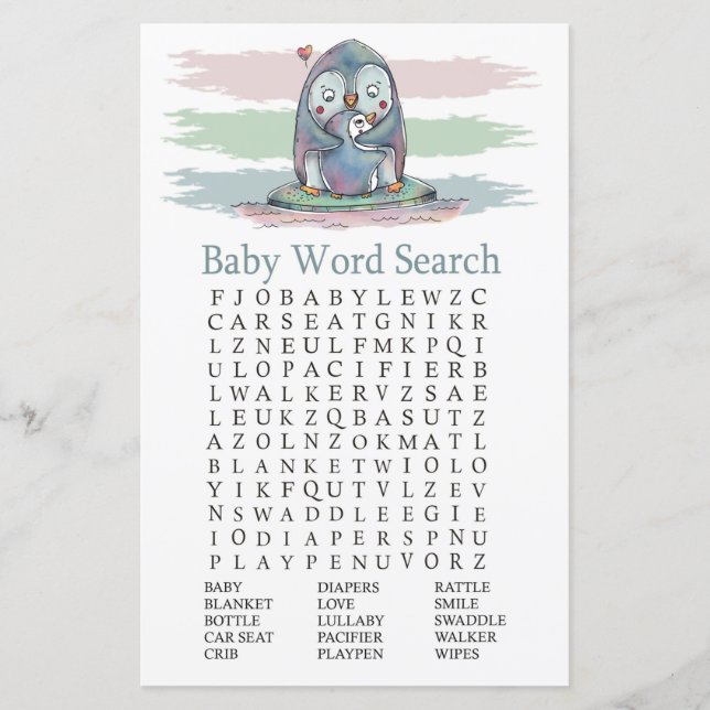 Pinguin Baby Dusche Word Search Game (Vorderseite)