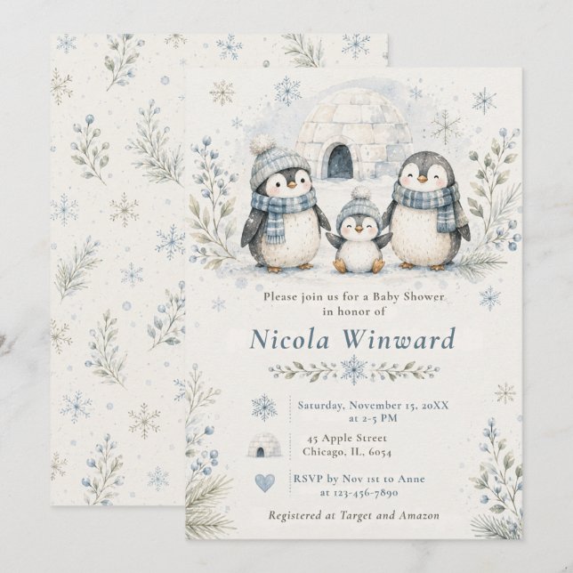 Pinguin-Baby-Party Einladung (Vorne/Hinten)