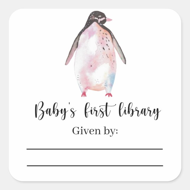 Pinguin - Babydusche Buchzeichen, Babybücher Quadratischer Aufkleber (Vorderseite)