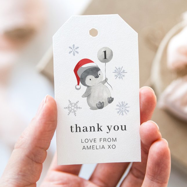 Pinguin Balloon 1. Geburtstag - Danke Geschenkanhänger (Penguin Balloon 1st Birthday - Thank You Gift Tags)