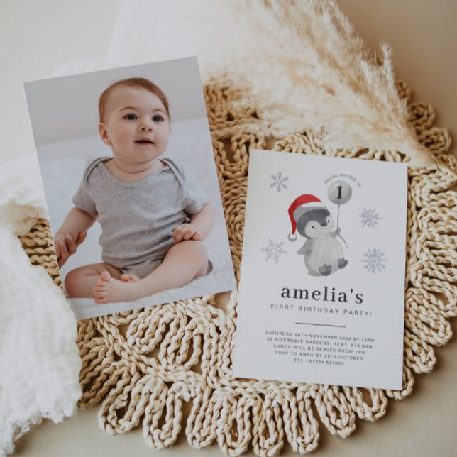 Pinguin Balloon Foto 1. Geburtstag Einladung (Penguin Balloon Photo 1st Birthday Invitation)