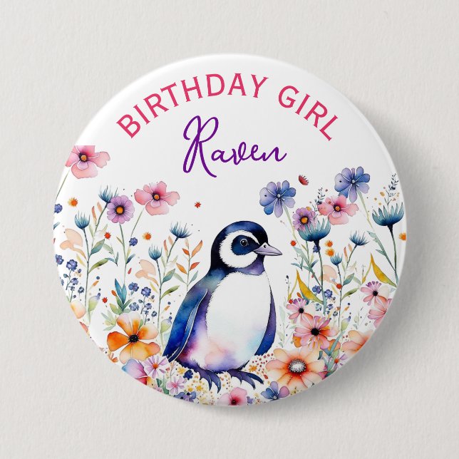 Pinguin bei Blume Geburtstagskinder Personalisiert Button (Vorderseite)