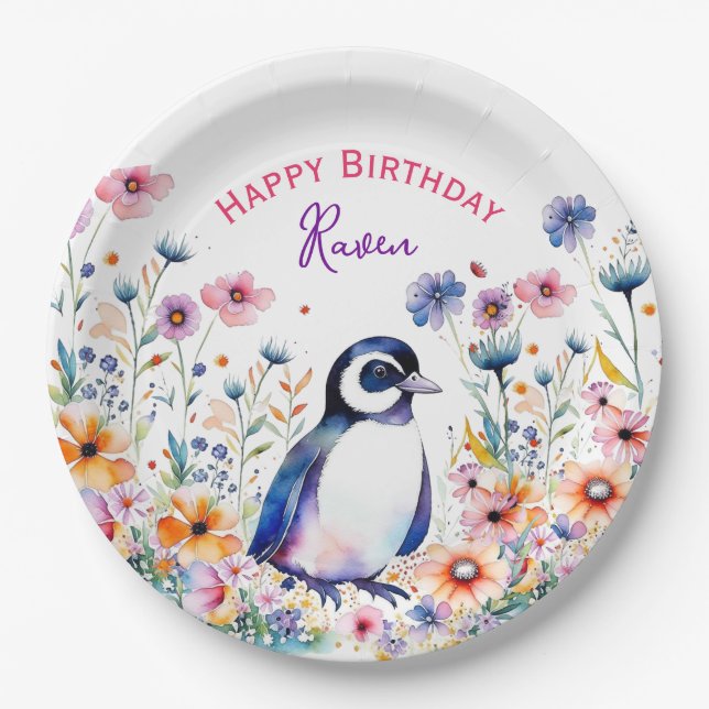 Pinguin bei Blume Personalisierter Geburtstag von  Pappteller (Vorderseite)
