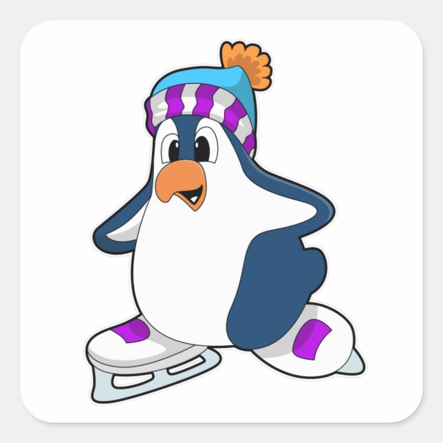 Pinguin bei Ice Skaten mit Ice-Skaten Quadratischer Aufkleber (Vorderseite)