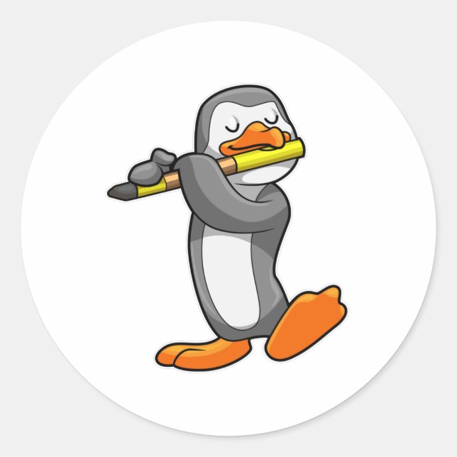 Pinguin bei Musik mit Flute Runder Aufkleber (Vorderseite)