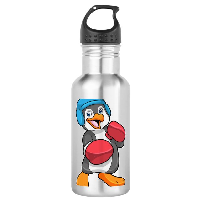 Pinguin beim Boxen mit Boxhandschuhen & Helm Edelstahlflasche (Vorderseite)