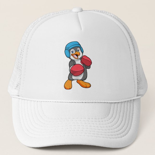 Pinguin beim Boxen mit Boxhandschuhen & Helm Truckerkappe (Vorderseite)