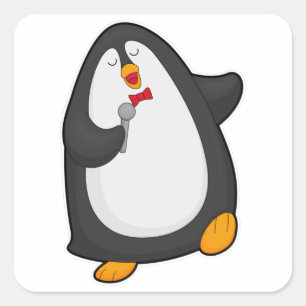 Pinguin beim Singen mit Mikrofon und Krawatte Quadratischer Aufkleber