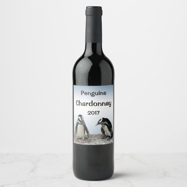 Pinguin Birds Blue White Black Animal Wine Label Weinetikett (Vorderseite)