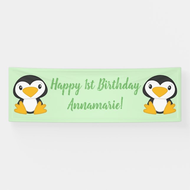 Pinguin Birthday Party Green Banner (Horizontal)