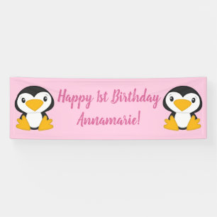 Pinguin Birthday Party Pink Banner