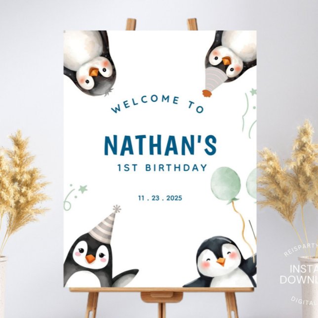 Pinguin Birthday Welcome Sign Poster (Penguin Birthday party, Penguin Theme, Winter Wonderland, Winter Birthday, Welcome sign, Welcome Pos)