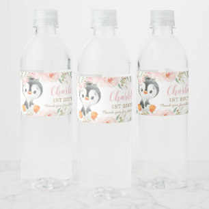 Pinguin Blush Bloral Baby Dusche Geburtstagsparty Wasserflaschenetikett