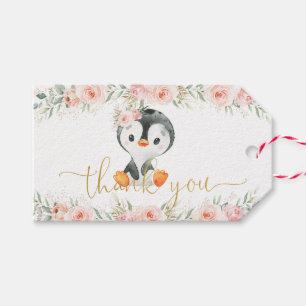 Pinguin Blush Floral Baby Dusche Geburtstagsparty Geschenkanhänger