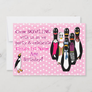 Pinguin Bowling Birthday Party Pink (Personalisier Einladung