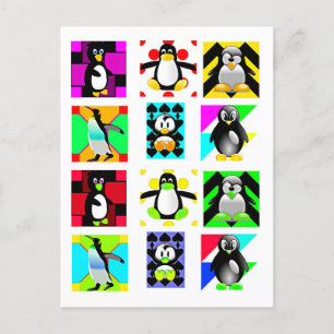 Pinguin Cartoon Birds Abstrakt Art Collage Postkarte