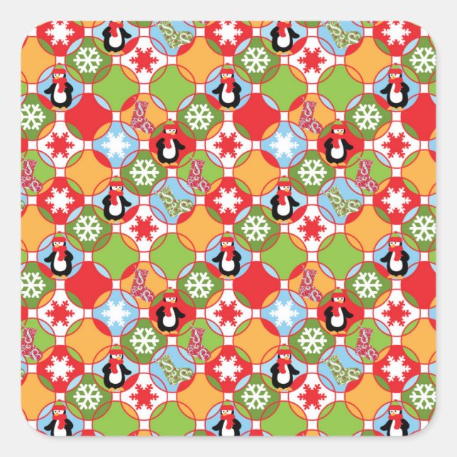 Pinguin Christmas Circles Pattern Square Stickers (Vorderseite)