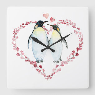 Pinguin Couple in Liebe Herzkranz Quadratische Wanduhr