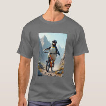 Pinguin, der auf einem T - Shirt mit dem Fahrrad f