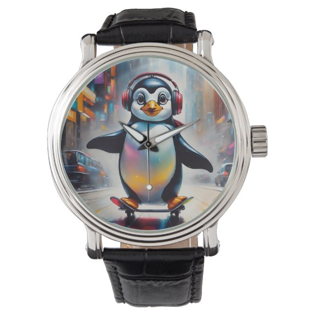 Pinguin Digital Art Malerei Cool Armbanduhr (Vorderseite)