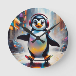 Pinguin Digital Art Malerei Cool Runde Wanduhr