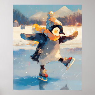 Pinguin-Eislaufen-Winter-Kinderzimmer-Wandkunstpla Poster