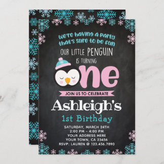 Pinguin-erste Geburtstags-Einladungs-Tafel Einladung
