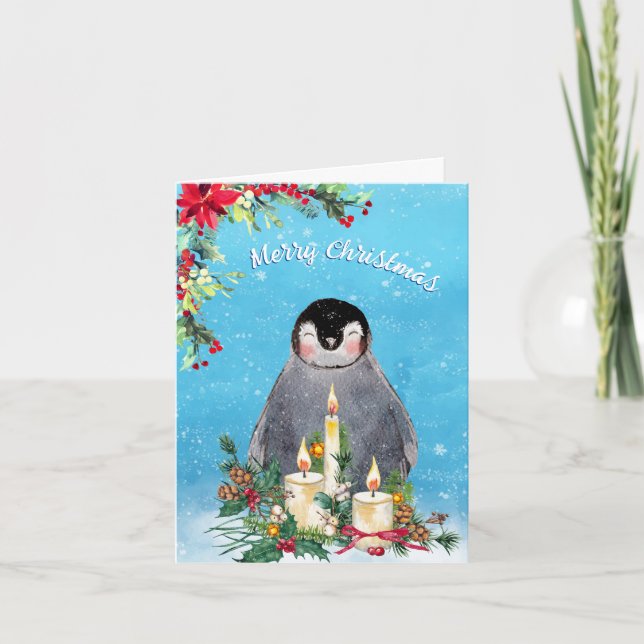 Pinguin Floral Watercolor Frohe Weihnachten (Vorderseite)