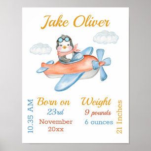 Pinguin-Flugzeug Blau Baby-Junge Statistiken Poste Poster