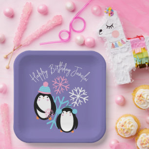 Pinguin-Geburtstags-Schneeflocken Rosa Blau Winter Pappteller