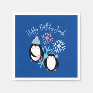 Pinguin-Geburtstags-Schneeflocken Rosa Blau Winter Serviette