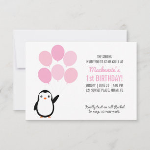 Pinguin-Geburtstagsfeier-Einladung mit rosa Luftba Einladung