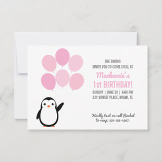 Pinguin-Geburtstagsfeier-Einladung mit rosa Luftba Einladung