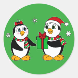 Pinguin gibt seinem Freund ein Weihnachtsgeschenk Runder Aufkleber