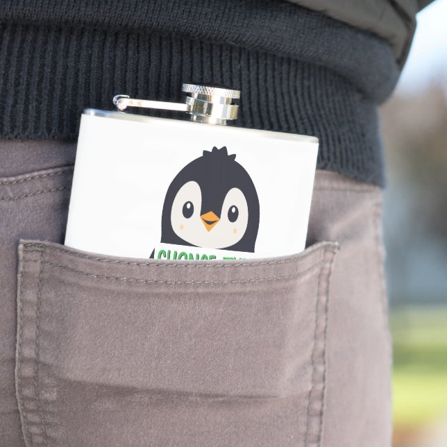 Pinguin hält ein Schild mit einer benutzerdefinier Flachmann (Beispiel)