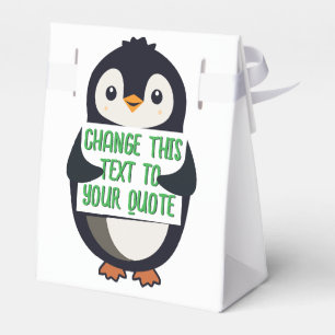 Pinguin hält ein Schild mit einer benutzerdefinier Geschenkschachtel