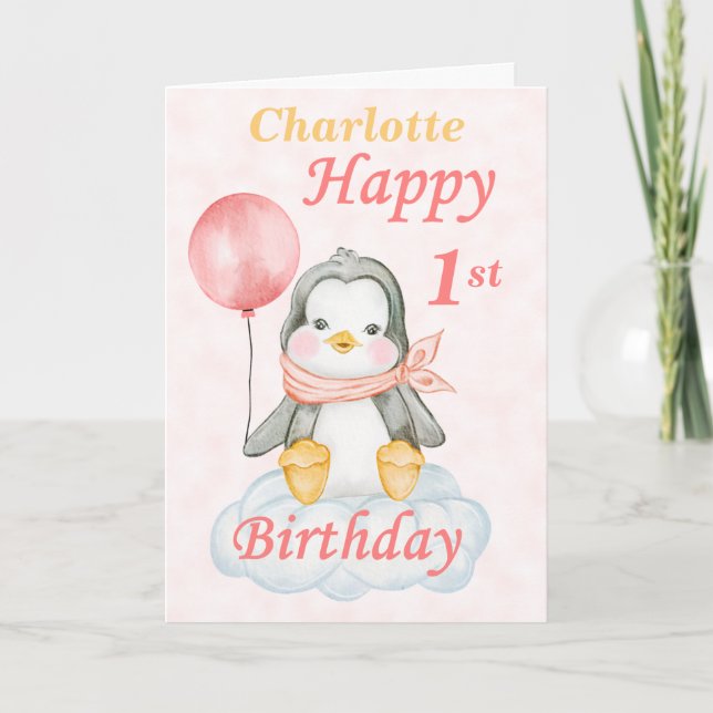 Pinguin Happy 1. Geburtstag Karte (Vorderseite)