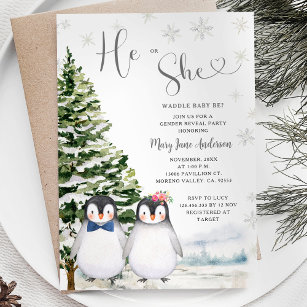 Pinguin He or She Evergreen Winter Gender Reveal Einladung