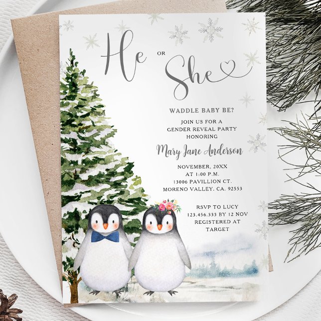 Pinguin He or She Evergreen Winter Gender Reveal Einladung (Von Creator hochgeladen)