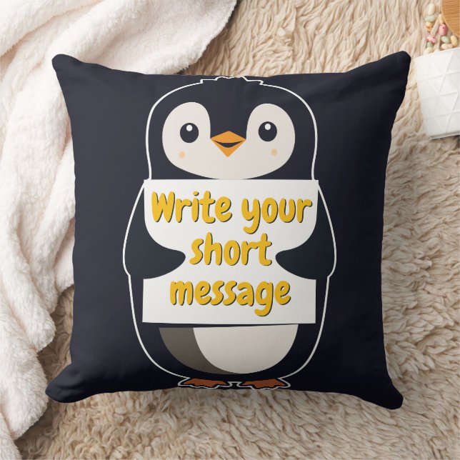 Pinguin-Illustration mit anpassbarem Schild Kissen (Decke)