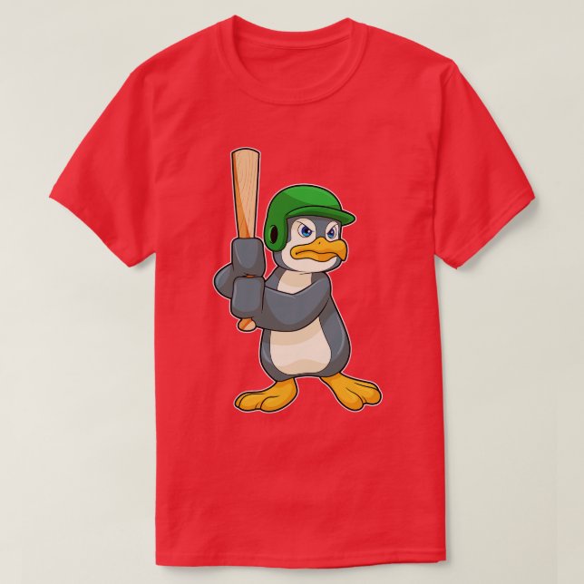 Pinguin im Baseball mit Baseballschläger T-Shirt (Design vorne)